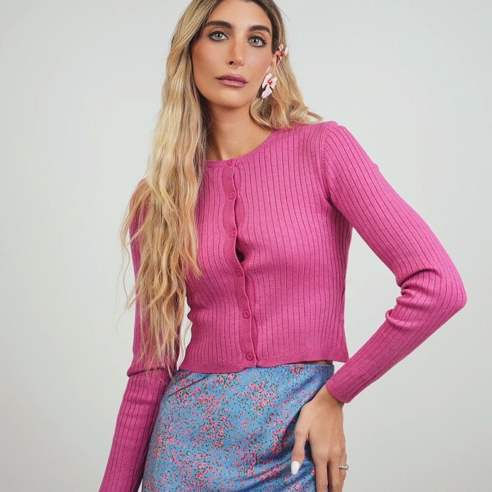 Pink Ribbed Women's Cardigan
